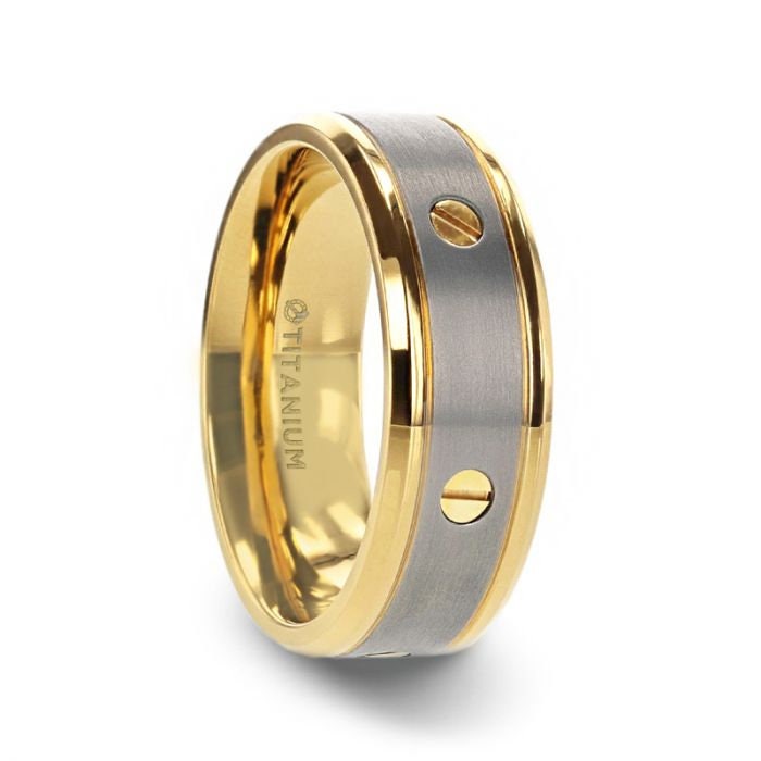 BOUNDLESS Gold-Plated Titanium Flat Brushed Center With Rotating Screw Design Beveled Polished Edges - 8mm Rings, Wedding & Promise Ring