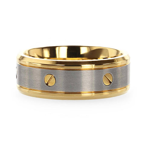 BOUNDLESS Gold-Plated Titanium Flat Brushed Center With Rotating Screw Design Beveled Polished Edges - 8mm Rings, Wedding & Promise Ring