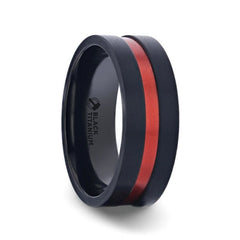 BLAZE Flat Brushed Black Titanium Men's Wedding Band With Red Aluminum Groove Brushed Center - 8mm Rings, Wedding & Promise Ring