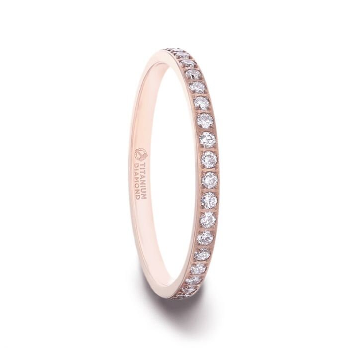 LILLIAN Flat Polished Rose Gold Plated Titanium Women's Wedding Ring With Small Lab-Created White Diamonds Setting - 2mm Rings.