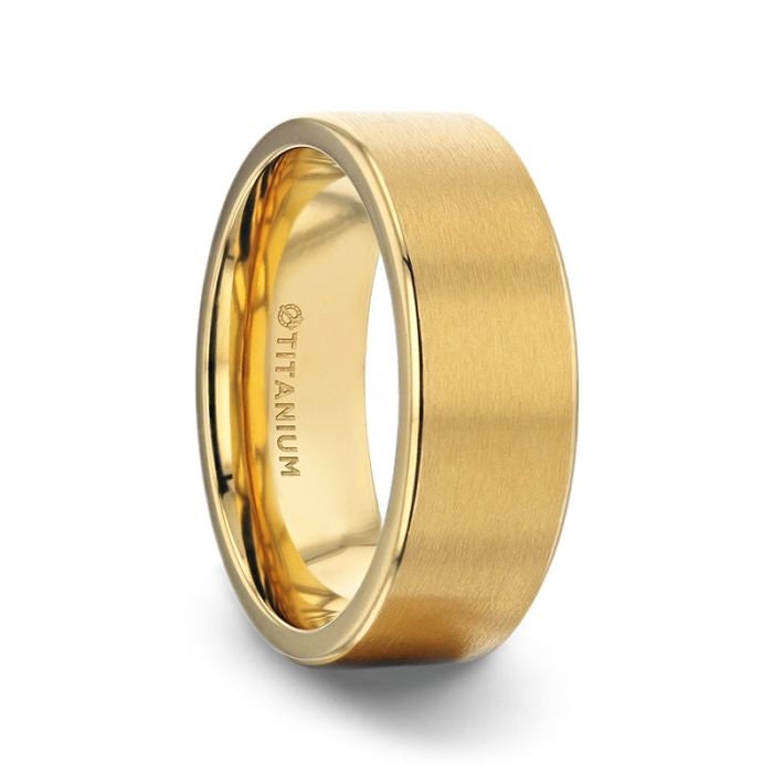 AURELIANO Yellow Gold Plating Titanium Men's Wedding Band With Flat Brushed Finish Center And Rounded Polished Edges - 8mm Rings.