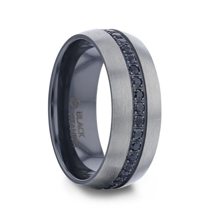 AVIATOR Domed Brushed Titanium Men's Wedding Band with Black Sapphire Stones Inlay - 8mm Rings, Wedding and Promise Rings.