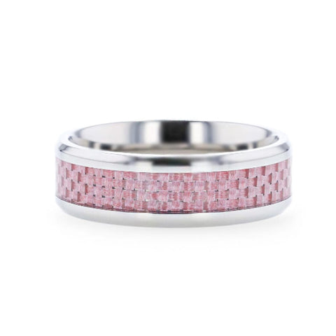 DOMINIQUE Pink Carbon Fiber Inlaid Titanium Flat Polished Finish Men's Wedding Ring With Beveled Edges - 8mm Rings, Wedding & Promise Rings.