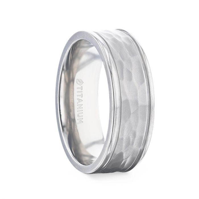 WILLIAM Hammered Finish Center White Titanium Men's Wedding Band With Dual Offset Grooves And Polished Edges - 8mm, Wedding & Promise Rings.