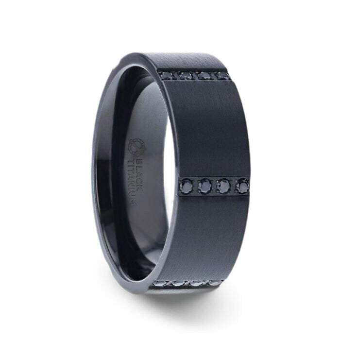 MYSTERIOUS Flat Brushed Black Titanium Men's Wedding Ring With 6 Sets of Quadruple Black Sapphires In Horizontal Channels 8mm Rings.