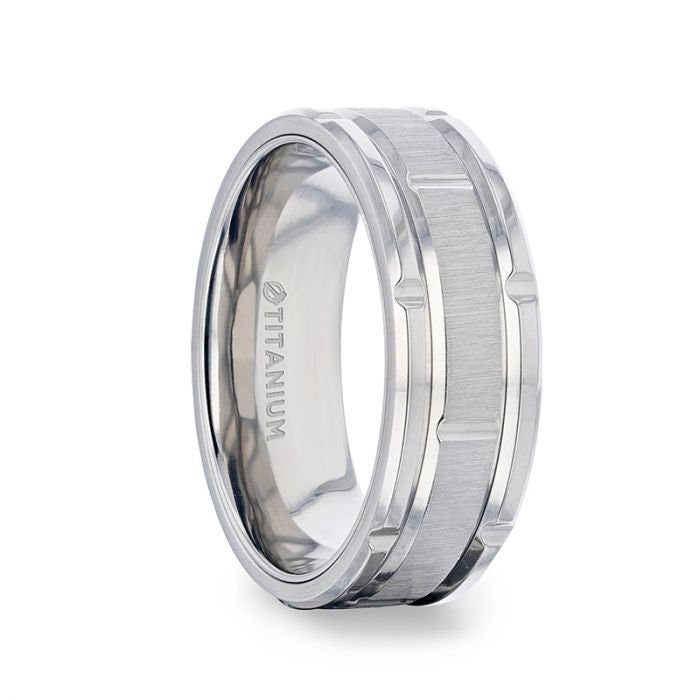 WARRICK Alternating Grooves Horizontal Etched Finish Titanium Men's Wedding Band Alternating Grooved Beveled Polished Edges - 8 mm Rings.