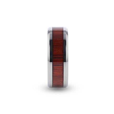 NORRO Titanium Polished Beveled Edges Padauk Wood Inlaid Mens Wedding Band - 6mm and 8mm Rings.