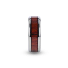 NORRO Titanium Polished Beveled Edges Padauk Wood Inlaid Mens Wedding Band - 6mm and 8mm Rings.