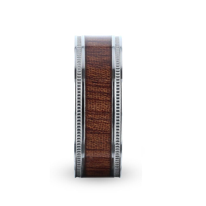 MOCHA Koa Wood Inlaid Titanium Men's Wedding Ring With Polished Milgrain Edges - 8mm Rings.