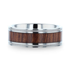 MOCHA Koa Wood Inlaid Titanium Men's Wedding Ring With Polished Milgrain Edges - 8mm Rings.