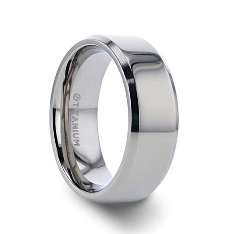 CORONAL Mens Polished Finish Beveled Edges Titanium Wedding Ring with Raised Center - 6mm & 8mm Rings.