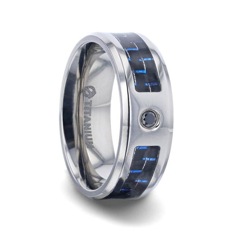 PACIFIC Black And Blue Carbon Fiber Inlaid Titanium Men's Wedding Band Beveled Polished Edges and Black Sapphire Center Stone - 8mm Rings.