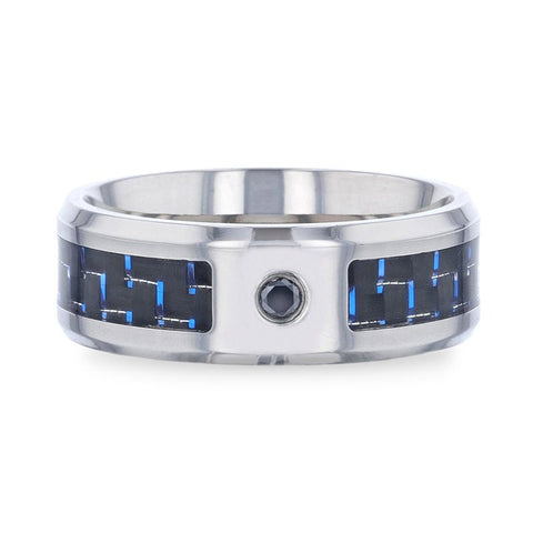 PACIFIC Black And Blue Carbon Fiber Inlaid Titanium Men's Wedding Band Beveled Polished Edges and Black Sapphire Center Stone - 8mm Rings.