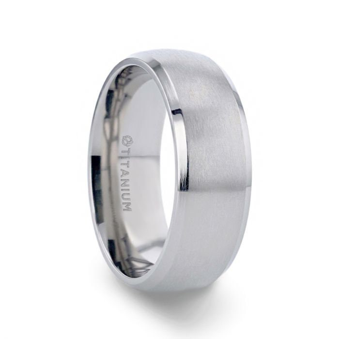 DUSTIN Chrome-Plated Titanium Domed Brushed Center Men's Wedding Ring with Polished Beveled Edges - 8mm Rings.