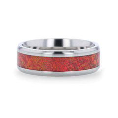 CASSIOPEIA Titanium Men 's Wedding Ring With Beveled Edges And Red Opal Inlay - 8mm Rings.