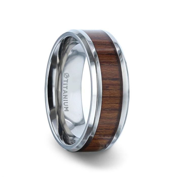 TECTON Teak Wood Inlaid Flat Polished Finish Titanium Men's Wedding Ring With Beveled Edges - 8mm Rings.