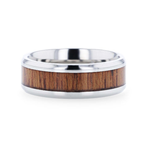 TECTON Teak Wood Inlaid Flat Polished Finish Titanium Men's Wedding Ring With Beveled Edges - 8mm Rings.