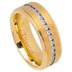 Yellow Gold IP Plated Titanium Ring Brushed Center Shiny Stepped Edge with Eternity Style CZs - 8mm, Wedding and Engagement Titanium Rings