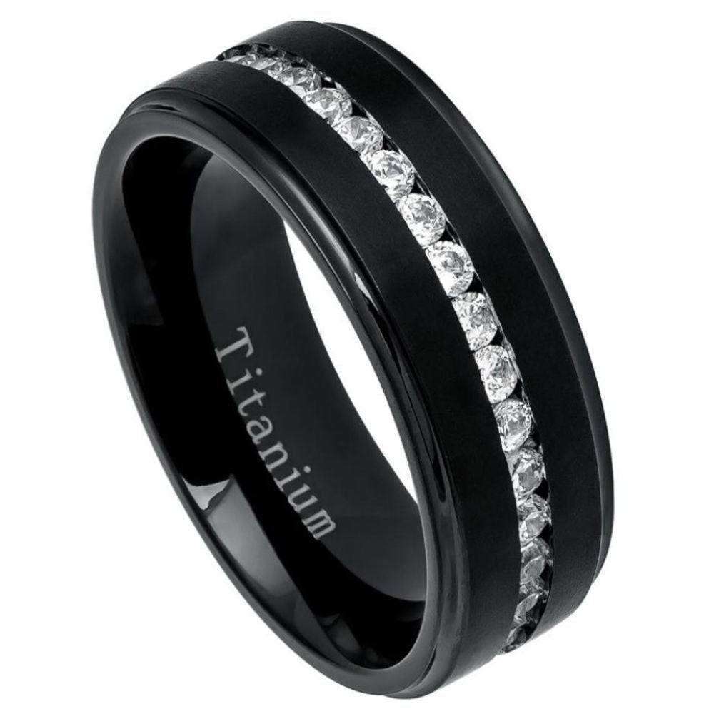 Black IP Plated Titanium Ring Brushed Center Shiny Stepped Edge with Eternity Style CZs - 8mm rings, Wedding and Engagement Titanium Rings