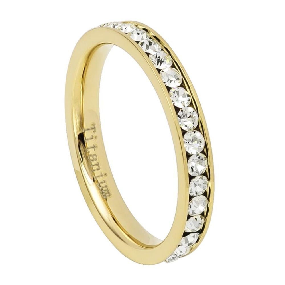 Yellow Gold Titanium IP Plated Eternity Ring with White CZs - 3mm Rings, Wedding and Engagement Titanium Rings