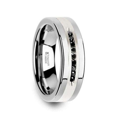 Blackstone Flat Tungsten Wedding Band With Brushed Silver Inlay Center And 9 Channel Set Black Diamonds 8Mm Wedding Rings And Promise Rings