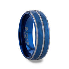 Carmel Blue Ion Plated Tungsten Carbide Mens Ring With Faceted Center And Stepped Edges - 8Mm Wedding Rings And Promise Rings