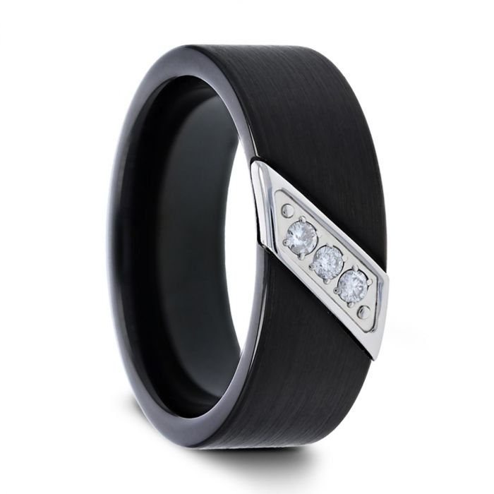 Liam Flat Black Satin Finished Tungsten Carbide Wedding Band With Diagonal Diamonds Set In Stainless Steel - 8 Mm Wedding And Promise Rings