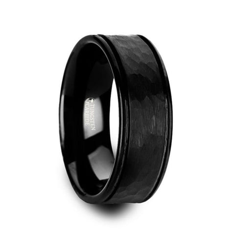 Joiner Hammered Finish Center Black Tungsten Carbide Wedding Band With Dual Offset Grooves And Polished Edges - 6Mm Or 8Mm Wedding Rings