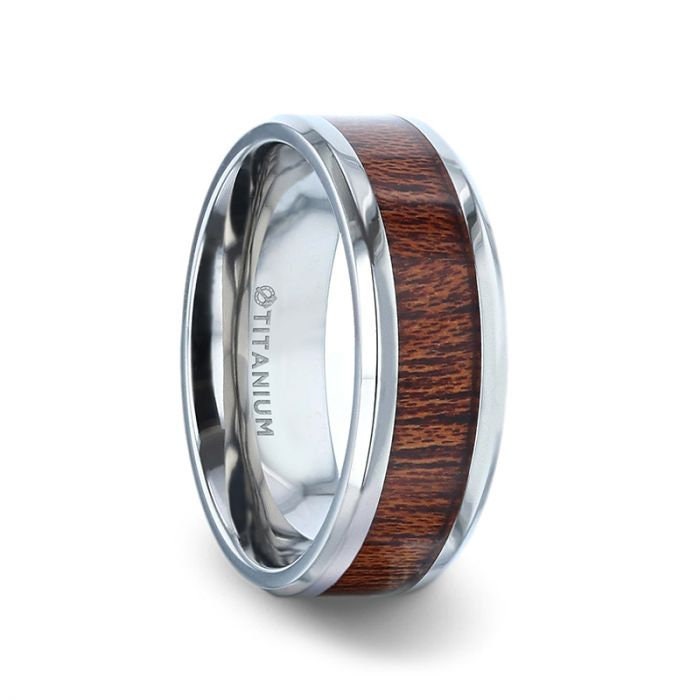 MELIA Mahogany Wood Inlaid Titanium Flat Polished Finish Men's Wedding Ring Beveled Edges - 8mm, Wedding and Anniversary Rings,