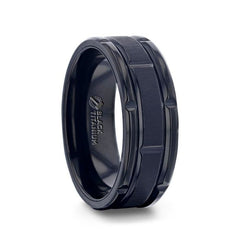 WYNN Alternating Grooves and Horizontal Etched Finish Black Titanium Men Wedding Rings w Alternating Grooved Beveled Polished Edges 8 mm Rings