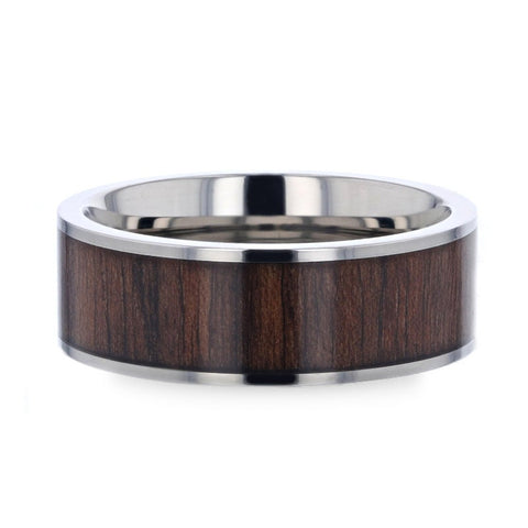 LOGAN Flat Polished Black Walnut Wood Inlaid Titanium Men's Wedding Band With Flat Polished Edges - 8mm Rings