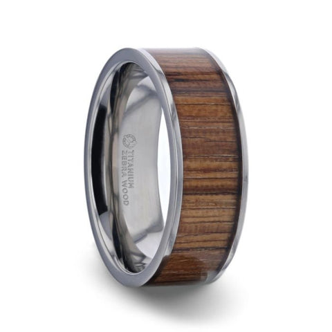 LAMAR Zebrawood Inlaid Flat Titanium Men's Wedding Band With Flat Polished Edges - 8mm Rings, Wedding and Anniversary Rings