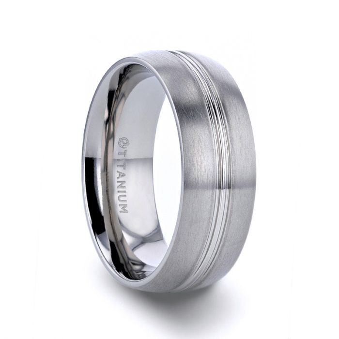 UPTON Titanium Brushed Finish Men's Wedding Ring with Polished Grooved Center - 8mm Rings, Wedding and Anniversary Rings,s.