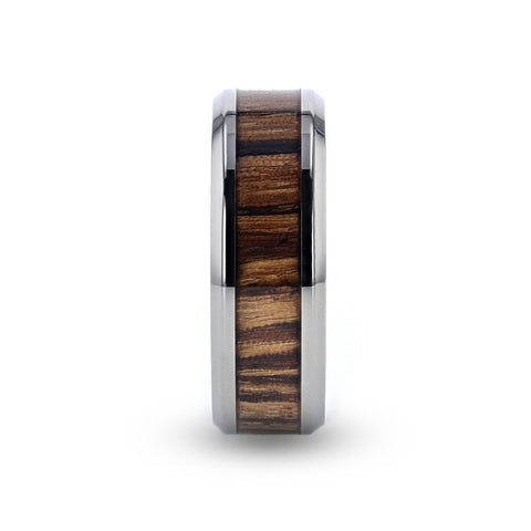 ZINGANA Titanium Ring with Beveled Edges and Real Zebra Wood Inlay - 8mm Rings