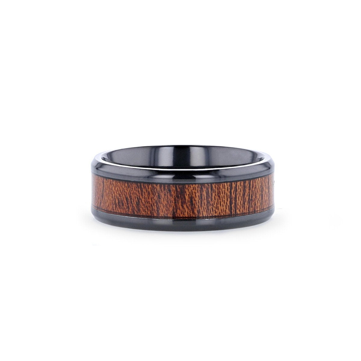 DOMINICA Black Titanium Band with Polished Bevels and Exotic Mahogany Hard Wood Inlay - 8 mm Rings, Wedding and Anniversary, Promise Rings.