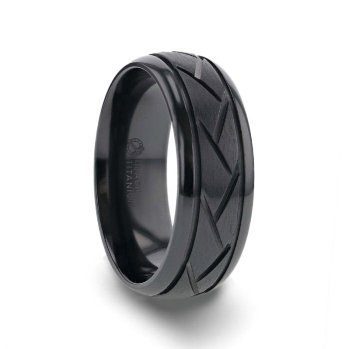 JAX Domed Black Titanium Ring with Brushed Cross Alternating Diagonal Cuts Pattern - 8mm Rings