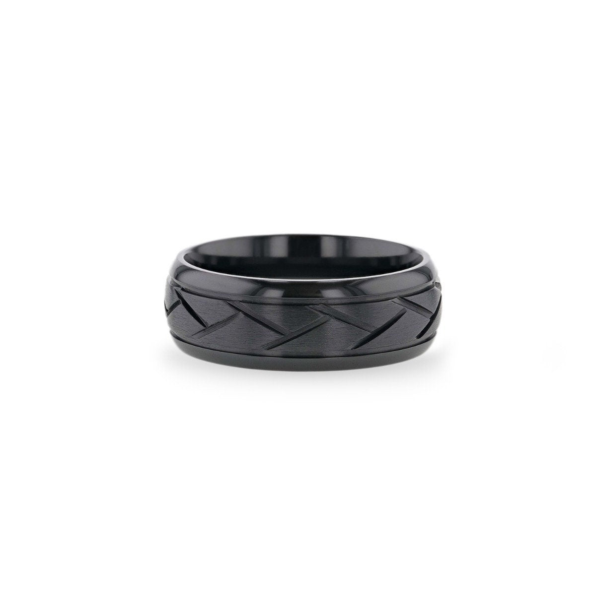 JAX Domed Black Titanium Ring with Brushed Cross Alternating Diagonal Cuts Pattern - 8mm Rings