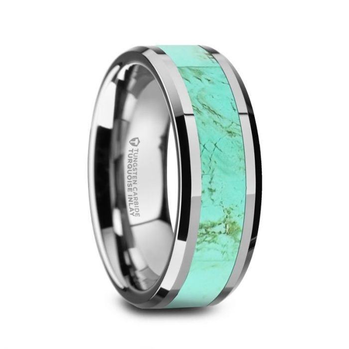 Pierre Mens Polished Tungsten Wedding Band With Light Blue Turquoise Stone Inlay & Polished Beveled Edges - 8Mm Wedding And Promise Rings