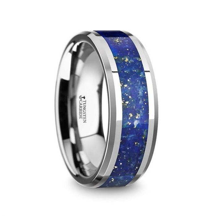 Osias Mens Polished Tungsten Wedding Band With Blue Lapis Inlay & Beveled Edges - 8Mm Wedding And Promise Rings