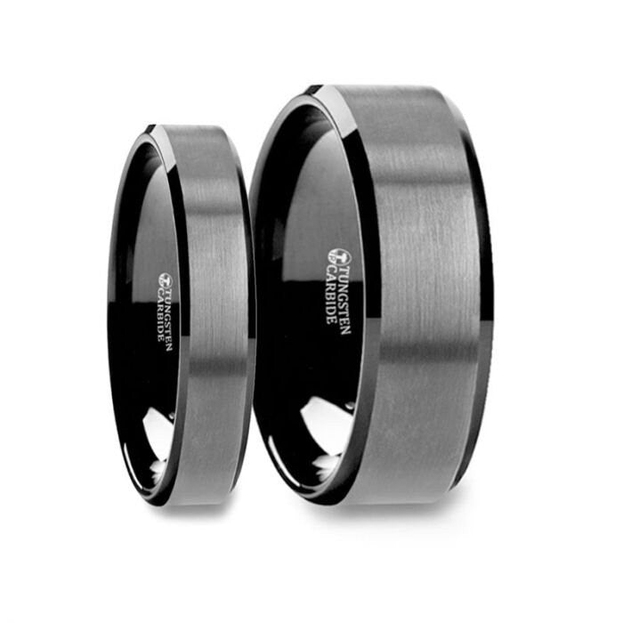 ELISE Matching Ring Set Black Tungsten Ring with Polished Beveled Edges and Brush Finished Center - 4mm & 8mm Wedding and Promise Rings