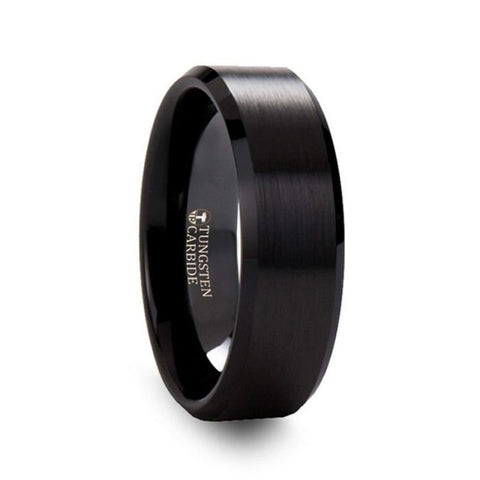 ELISE Matching Ring Set Black Tungsten Ring with Polished Beveled Edges and Brush Finished Center - 4mm & 8mm Wedding and Promise Rings