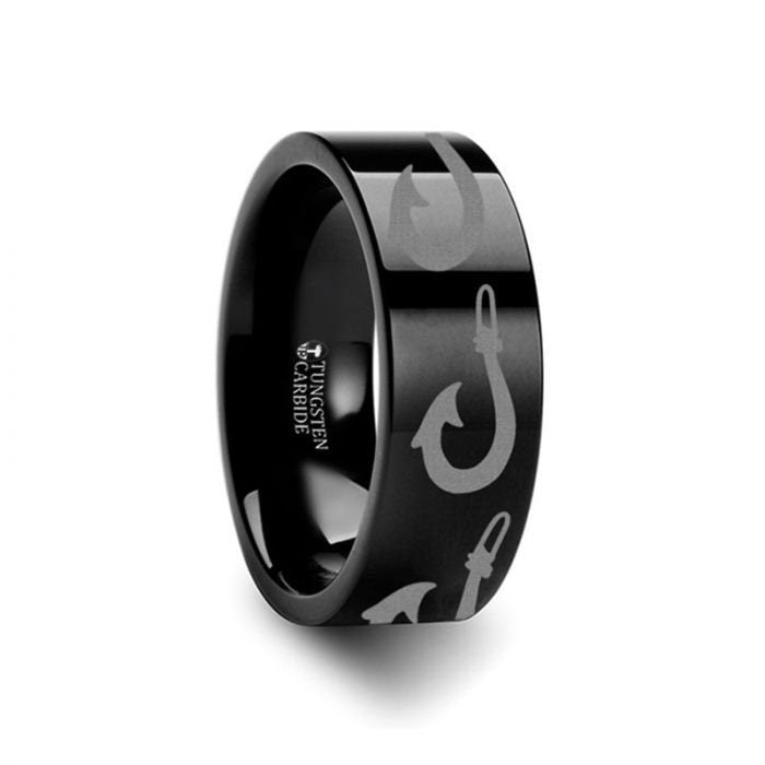 Large Polynesian Fishing Hook Pattern Ring Engraved Flat Black Tungsten Ring - 4mm - 12mm, Men Wedding and Promise Rings