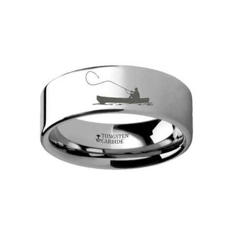 Hunting Landscape Scene Fishing Boat Fishermen Fish Ring Engraved Flat Tungsten Ring - 4mm - 12mm, Men Wedding and Promise Rings