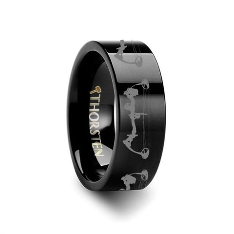 Bow Archery Print Design Ring Engraved Flat Tungsten Black Ring - 4mm - 12mm, Men Wedding and Promise Rings