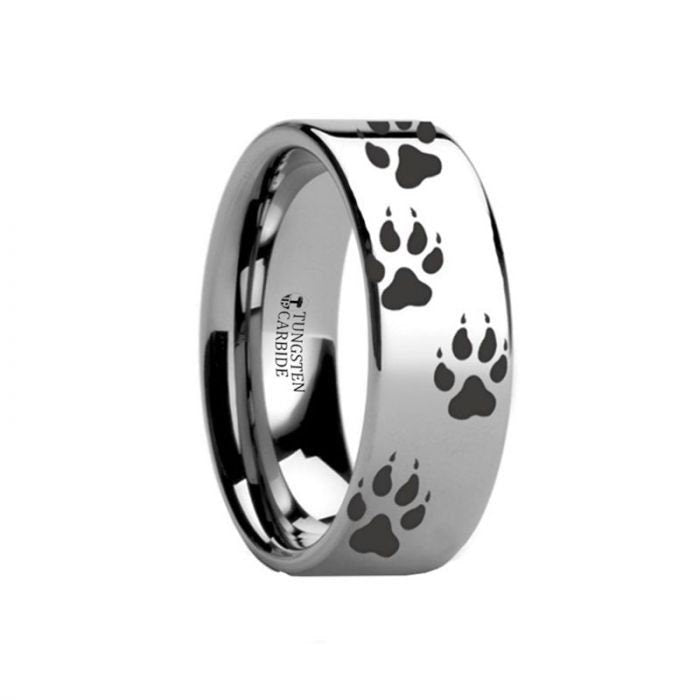 Animal Track Wolf Print Ring Engraved Flat Tungsten Polished - 4mm - 12mm, Men Wedding and Promise Rings