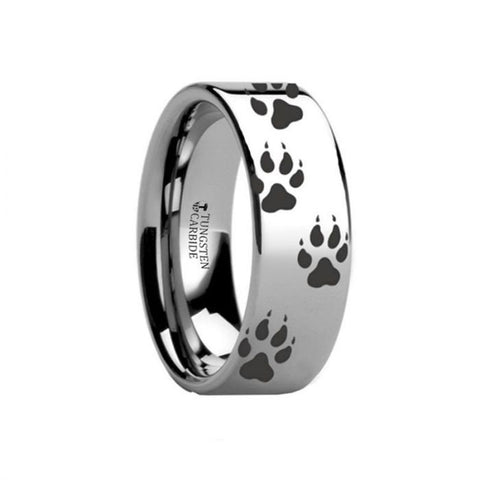 Animal Track Wolf Print Ring Engraved Flat Tungsten Polished - 4mm - 12mm, Men Wedding and Promise Rings