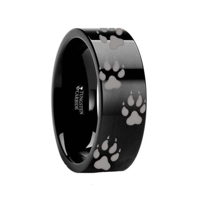 Animal Track Wolf Print Ring Engraved Black Tungsten - 4mm - 12mm, Men Wedding and Promise Rings