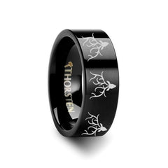 Animal Reindeer Deer Stag head Print Ring Engraved Flat Black Tungsten Ring - 4mm - 12mm, Men Wedding and Promise Rings