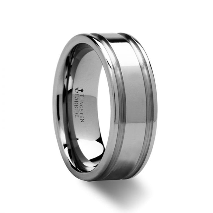 MOSCOW Tungsten Carbide Band with Dual Offset Brushed Grooves - 8 mm, Men Wedding and Promise Rings