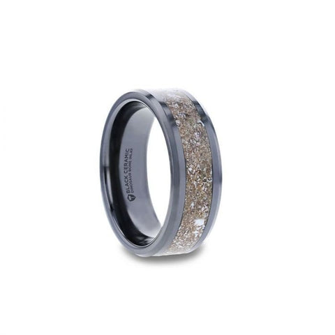 ALLOSAURUS Black Ceramic Flat Beveled Wedding Ring with White Dinosaur Bone Inlay - 8mm, Men Wedding and Promise Rings